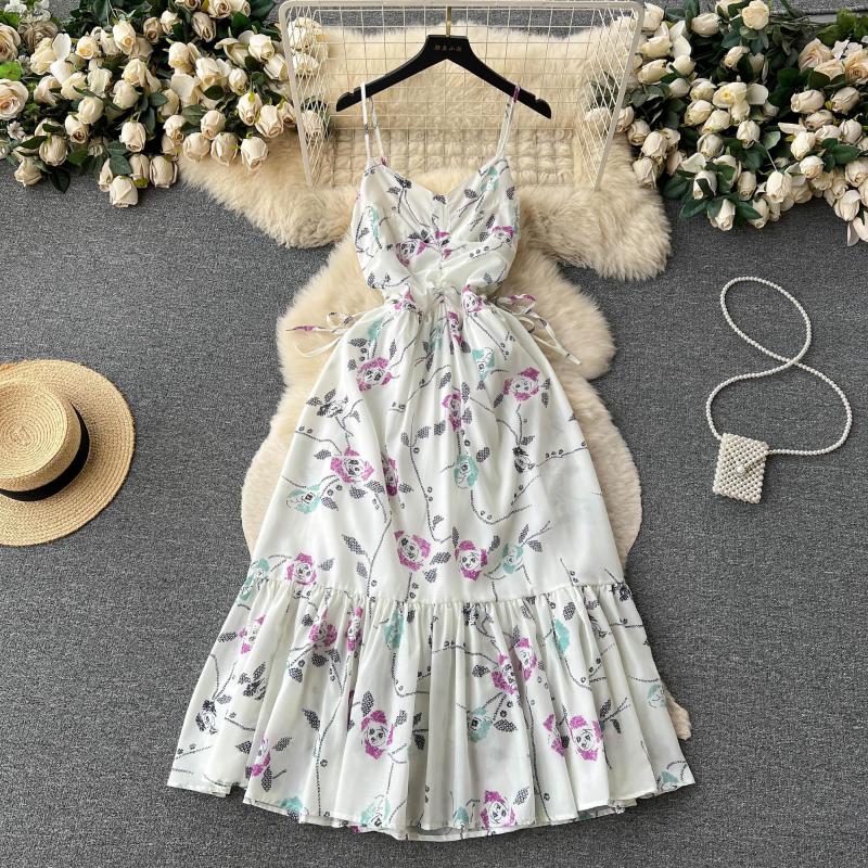 

Casual Dresses Summer Print Floral Beach Ruffle Dress Women Korean Style Sleeveless Spaghetti Strap Long Elegant Evening Party, White