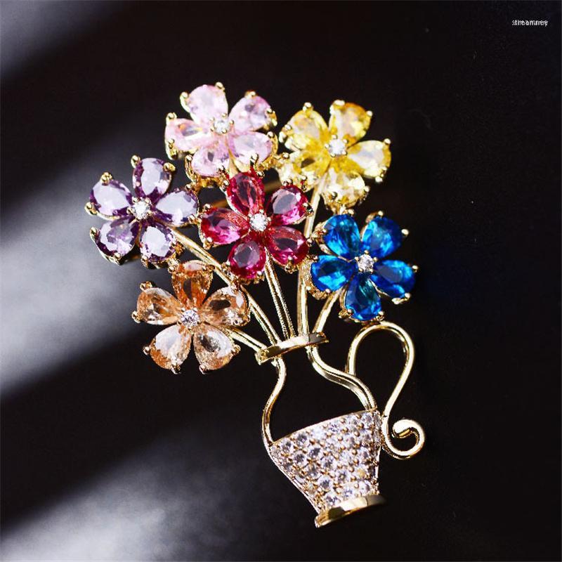 

Brooches Beautiful Flower Basket Shape For Women Clothes Luxury Colorful Zirconia Brooch Pin Corsage Broche Wedding Jewelry Gift
