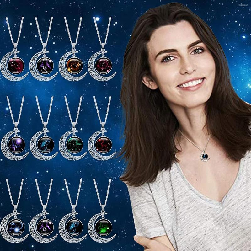

Pendant Necklaces Fashion Necklace For Women Creative 12 Constellation Crescent Time Gemstone Unique Design Collier Femme