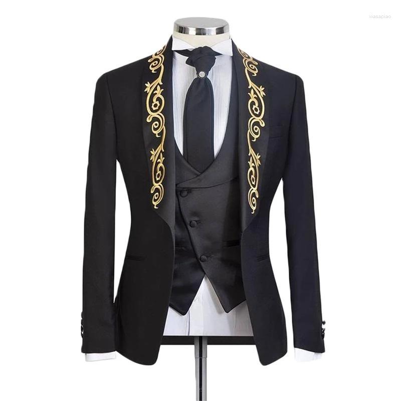 

Men's Suits Gold Appliqued Costume Homme Black Slim Fit Men 3 Pcs Wedding Tuxedos Groom Prom Terno Masculino Blazer Jacket Pant Vest, Custom made
