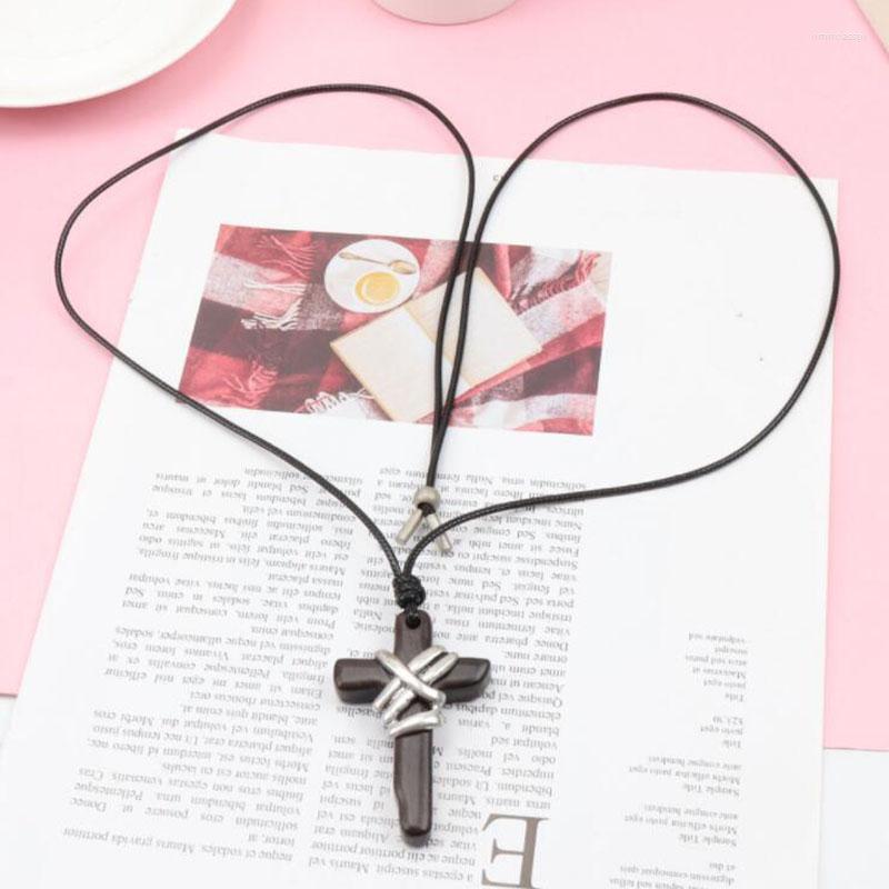 

Pendant Necklaces WEIYU Alloy Wood Cross PU Leather Rope Long Collier Statement Necklace For Women Men Religious Jewelry