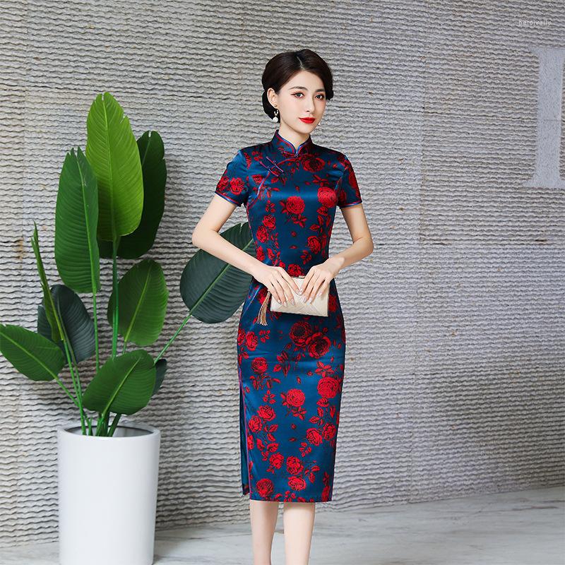 

Ethnic Clothing Retro Elegant Chinese Style Improved Banquet Dress Daily Silk Printed Flower Cheongsam With Mandarin Collar Slim Qipao