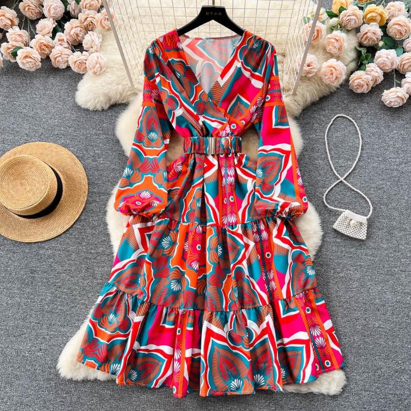 

Casual Dresses Spring Summer Vintage Printed Dress Lantern Sleeves V-Neck Waistband Small Style, Green