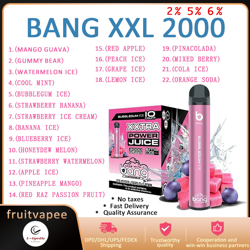

Original Bang XXL 2000 Puffs Bars Disposable Vape Pen E cigarettes 6ml Pre filled Pods Cartridge 800mAh Rechargeable Battery 2% 5% 6% Bang xxl VS bang 2k