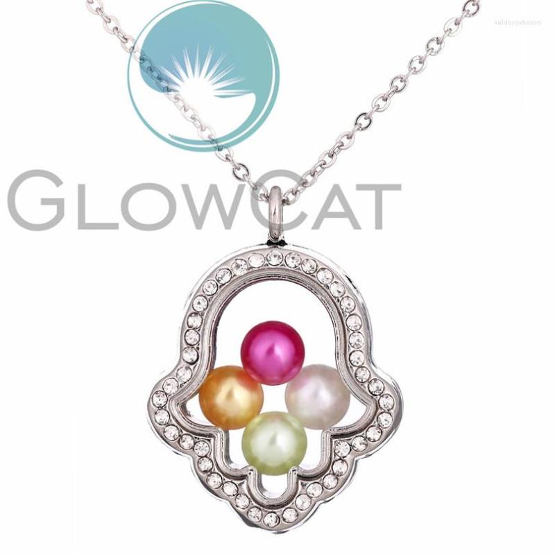 

Pendant Necklaces Rhinestone Hamsa Hand Necklace Glass Locket Pearl Cage 50cm Steel Chain