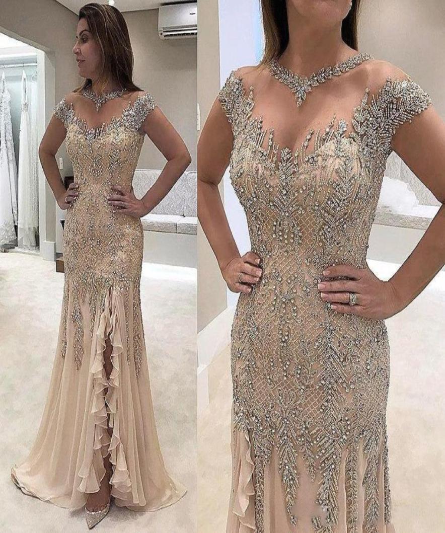 

Sheer Neck Mermaid Evening Dresses 2019 Beadings Sequined High Side Split Prom Gowns Formal Mother Dresses Evening Wear party Gown5008115, Silver