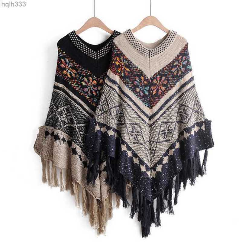 

Colorful ethnic style sequins tassel knitted pullover shawl cloak for women