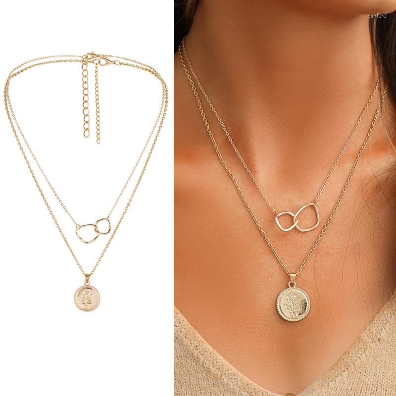 

Pendant Necklaces Double Layered Alloy Round Necklace For Women Simple Female Long Chain Coin Rose Flower Collar Jewelry
