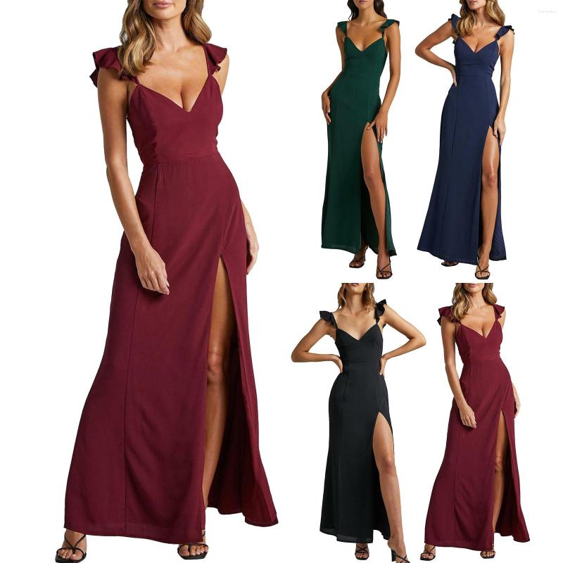 

Casual Dresses Sexy Deep V Neck Formal Occasion For Women Solid Sleeveless Party Evening Long Dress Side Spilt Bodycon Slim Maxi, Navy