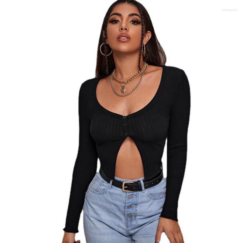 

Women's T Shirts Elegant High Waist Women Button Decoration Sexy V Neck Tops Fashion Long Sleeve Autumn Pullover Knitted Badycon Blouse, White