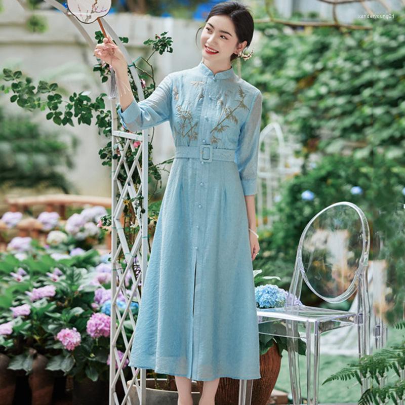 

Ethnic Clothing High-end Spring Summer Women Cheongsam Dress Retro Elegant Embroidery 3/4 Sleeve A-line Lady Party Qiapao S-XXL
