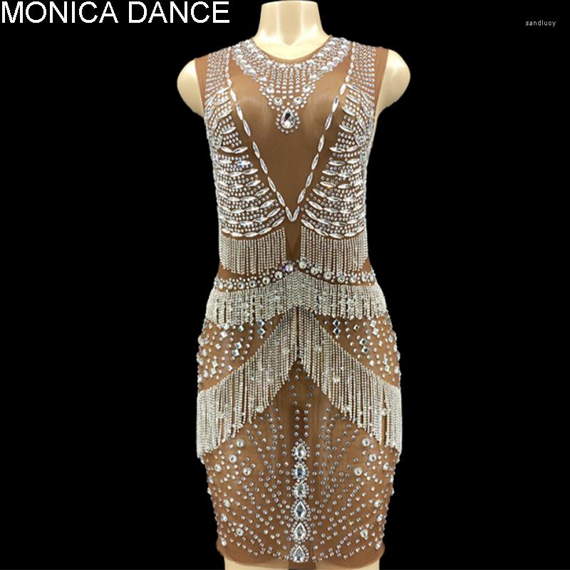 

Stage Wear Women Brown Color Sparkly Silver Rhinestone Fringe Transparent Short Dress Birthday Celebrate Chain Outfit Dancer Evening