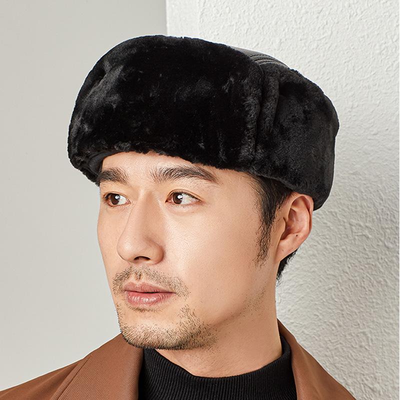 

Berets Winter Man Genuine Leather Cap Male Warm Faux Fur Inside Big Earflap Middle-Aged Elderly Father Lei Feng Hats Gorras Ear, Black