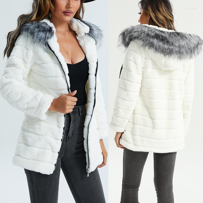 

Women' Fur Women Coat Fashion Faux Long Hooded Thick Slim Sleeve Solid Color Stitching Zipper Autumn And Winter Outdoor, White