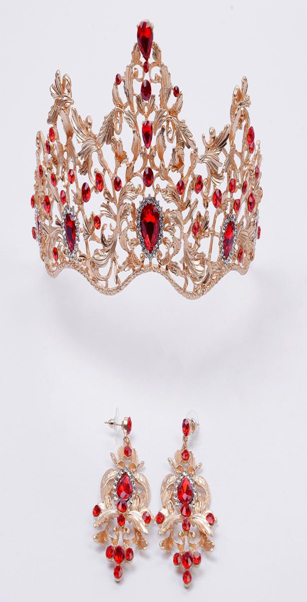 

Red and Dark Green Crystal on Gold Crown Elegant Bridal Hair Accessories with Earrings Princess Crown Vintage Girls Headpieces1340826