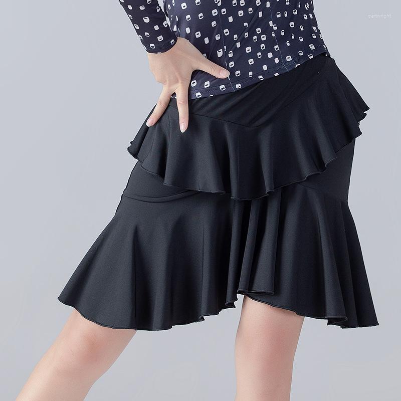 

Stage Wear Ruffles Latin Dance Skirt Female Adult Costume Modern National Standard Dress, Black