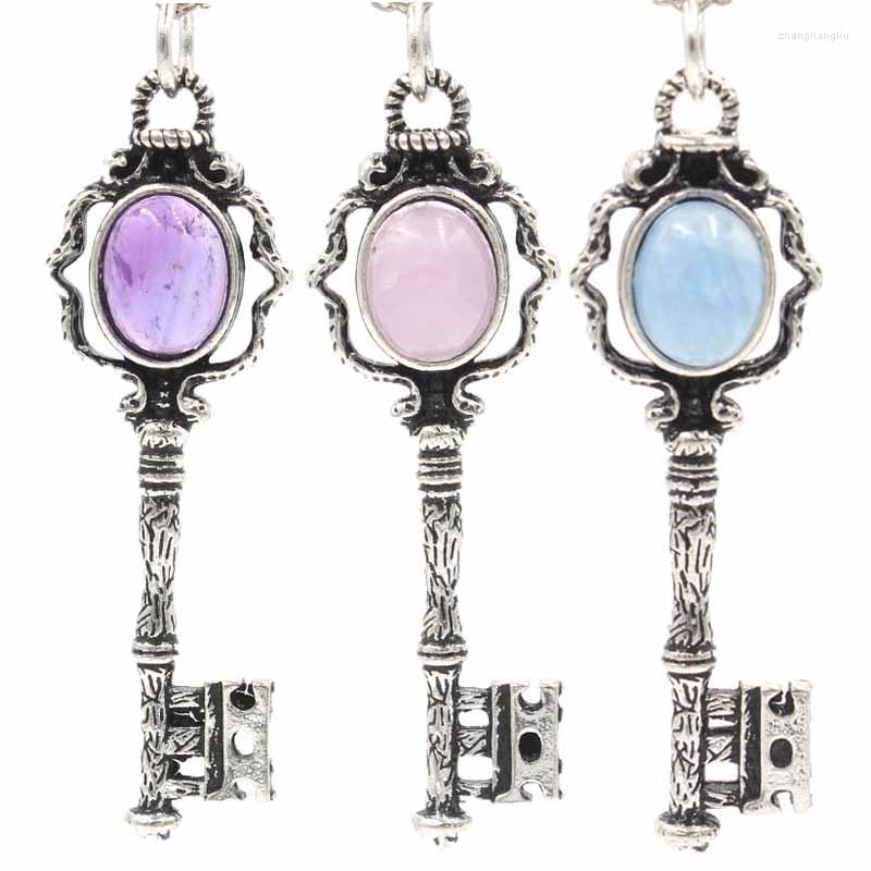 

Pendant Necklaces Big Key Charm Reiki Natural Crystals Stones Necklace For Women Men Oval Gems Quartz Cabochon Vintage Jewelry Couple Gift