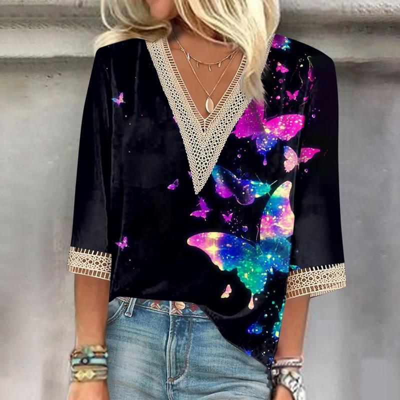 

Women's T Shirts Women's Printed Fashion Casual V Neck Lace Fall Long Sleeve For Women Blouses 4x 3x, Purple