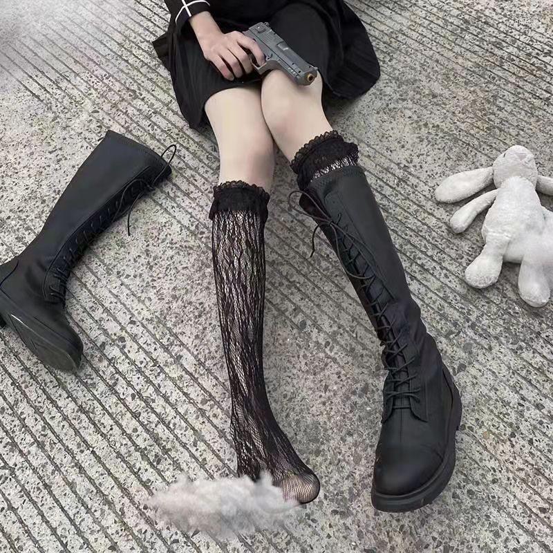 

Women Socks Lolita Girls Long Tube Lace Top Mesh Fishnet Stockings Middle Knee Student JK Goth Punk Black Sexy, White b