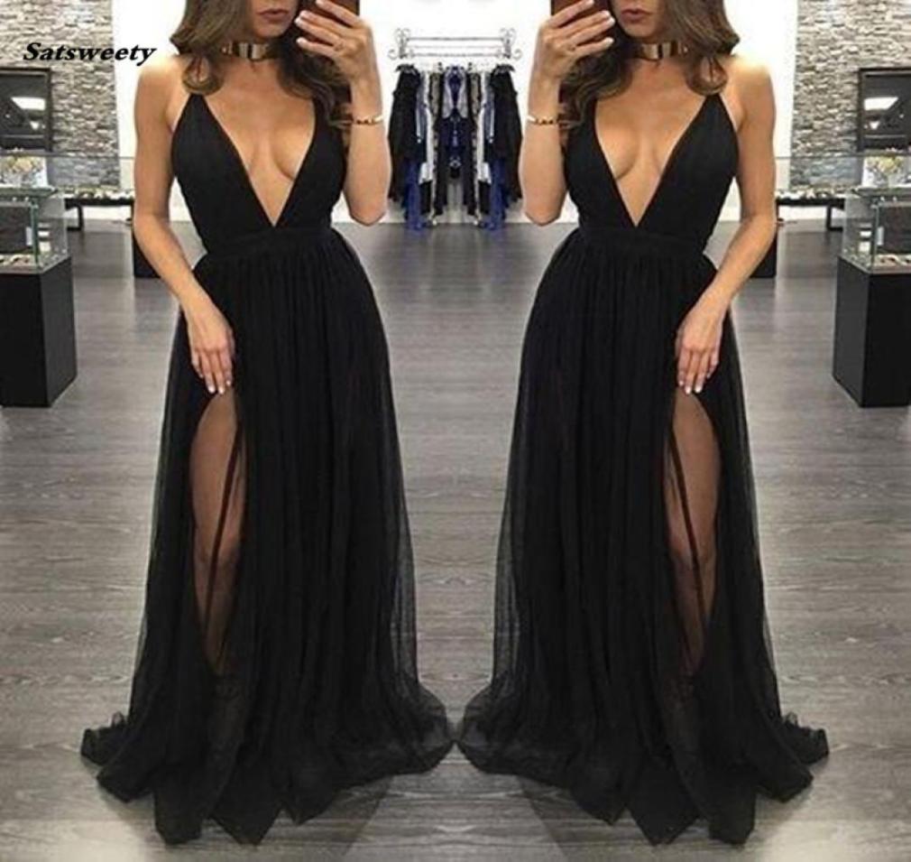 

New High Side Split Tulle Prom Dresses Black Sexy Deep V Neck Long Women Skirts Formal Party Evening Gowns Vestidos de baile1161943, Sage