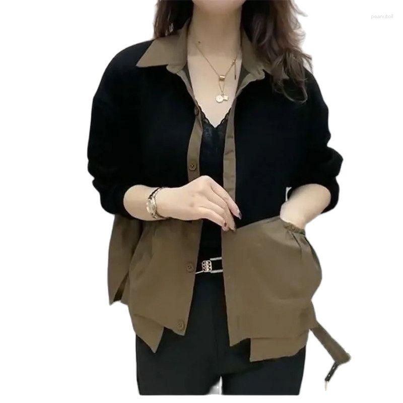 

Women's Jackets 2023 High-End Contrast Stitching Ladies' Coats Spring Autumn Fashion Lapels Double Pockets Relaxed Casual Ladies Jacket, Black
