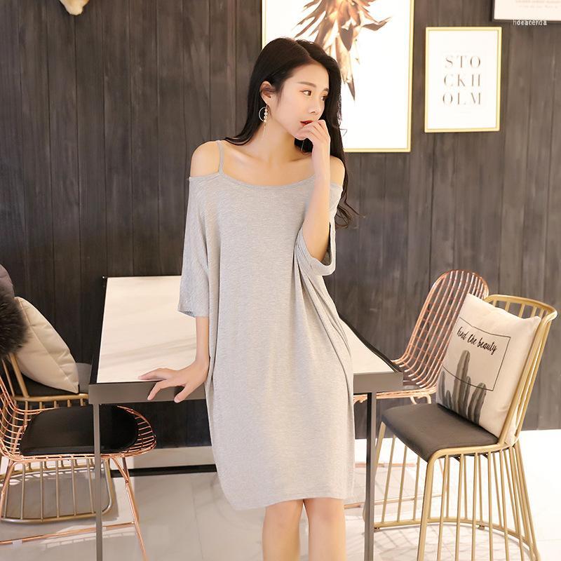 

Women's Sleepwear Women's Sleepshirts Summer Modal Loose Large Size Ladies Nightdress Sexy Strapless Plus Fat Increase Women Lingerie, Black