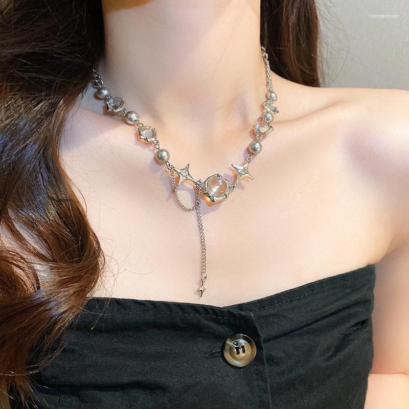 

Chains GUFTM Fashion Silver Color Four-Pointed Star Crystal Necklaces For Women Round Beads Clavicle Chain Necklace Retro Jewelry
