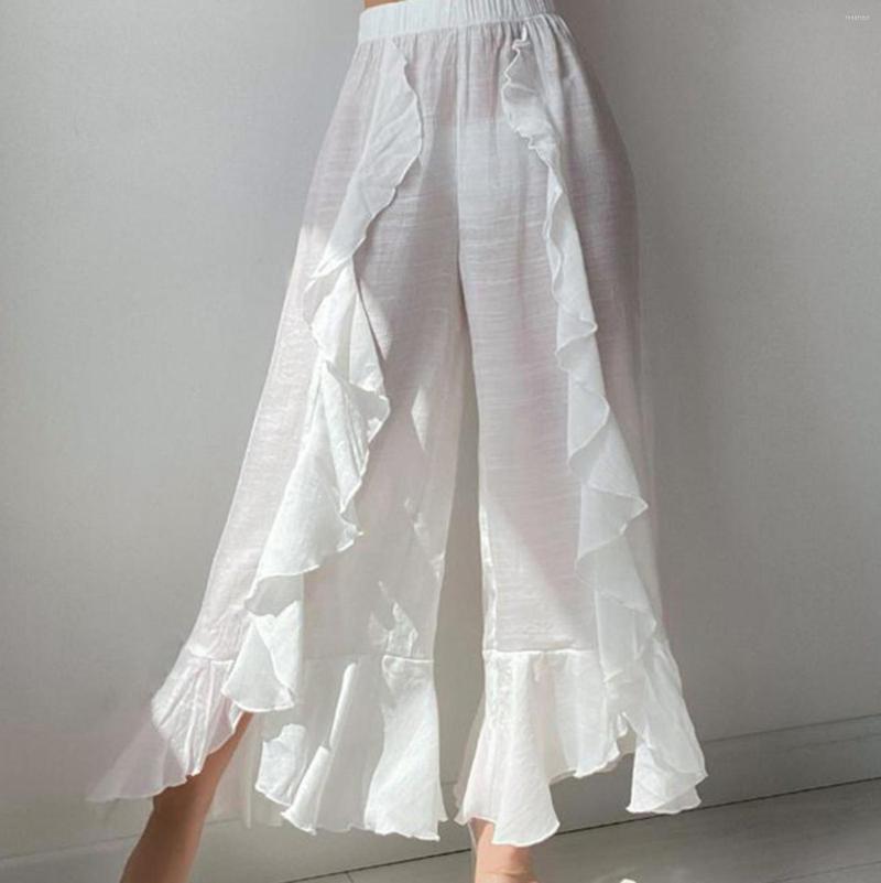 

Women' Pants Women Beach White Cotton Linen Ruffles Slim Wide Leg Trousers Loose Straight Overalls Lady Harem