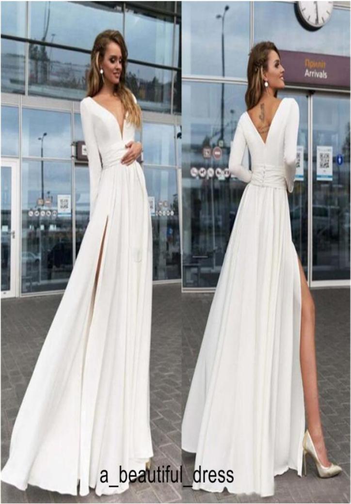

Sexy Long Sleeves Evening Dresses Deep V Neck High Split Floor Length Satin White Ivory Party Dresses Prom Dresses ED11227401478, Black