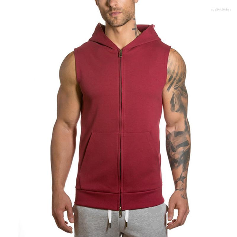 

Men's Hoodies Mens Sleeveless Sweatshirt Bodybuilding Men Vest Clothing Casual Double Zipper Tank Tops Male Workout Sportswear, Black