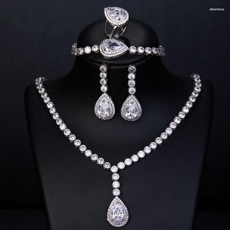 

Necklace Earrings Set Vintage Classic 4PS Big Cubic Zirconia Water Drop Bridal Jewelry For Women Wedding Accessories, Picture shown