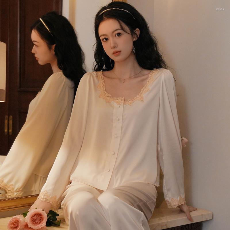 

Women' Sleepwear French Style Loose Two-Pieces Silk Nightwear Lace Round Neck Full Sleeves Pajamas For Women Simple Cardigan Long Pants, Purple color