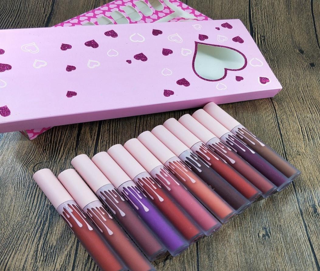

Makeup pink box netwt poids net 12011 fi oz 3225ml Brand Matte Lip Gloss maquillage make up lipgloss 12pcsset lipstick7040541, Mixed color