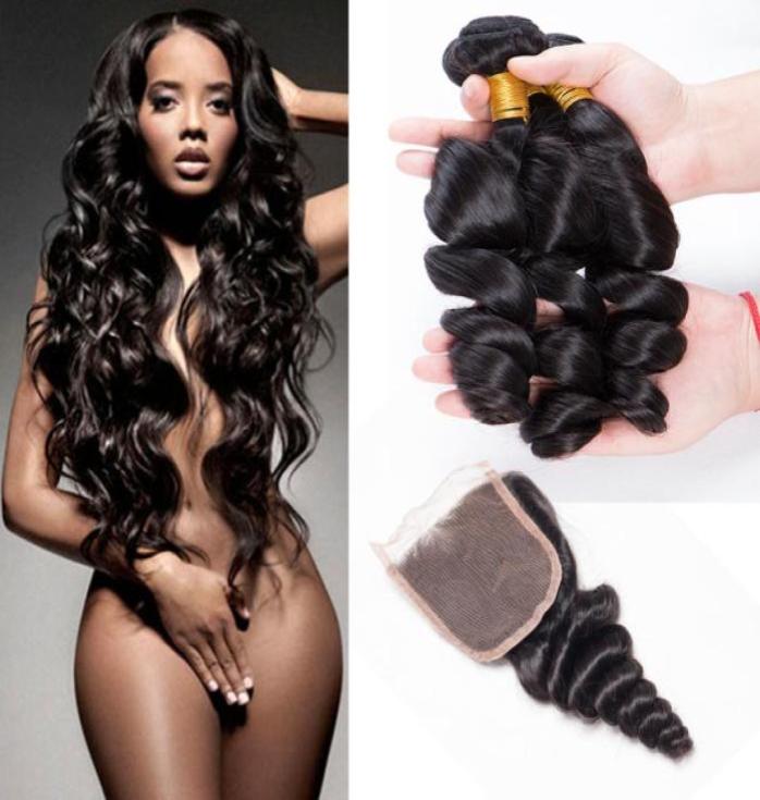 

10A Grade Malaysian Loose Wave Bundles With 4x4 lace Closure Malaysian Unprocessed Virgin Human Hair Weave 3 Bundles loose wave Wi2677429, Natural color