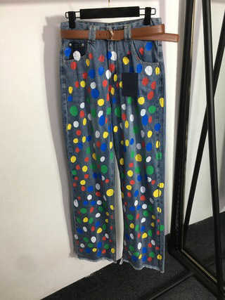 

Fashion Printed Jeans Women Casual Clothing Colourful Polka Dot Print Brown Hardware Belt Fashions Trendy Denim Trousers Designer Womens jeans