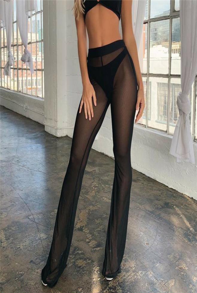 

Women Pants Sexy Beach Cover Up High Waist Beach Wear Women Flared Pants Solid Mesh Sheer Ladies Trousers Maio Feminino Praia1582952