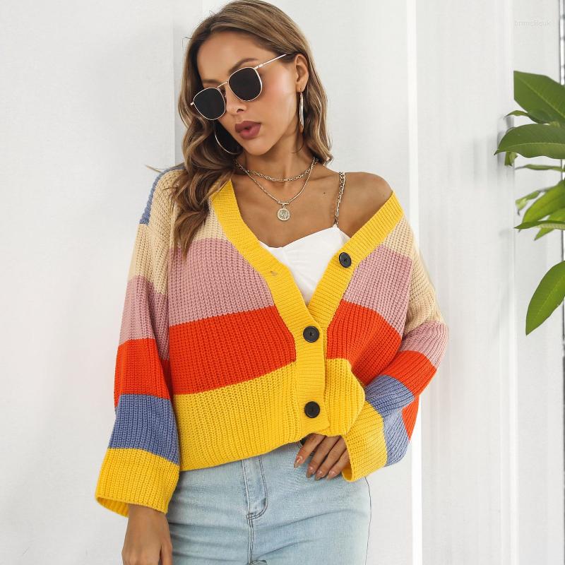 

Women' Knits Knitted Cardigan Ladies Sweaters Winter Rainbow Striped Patchwork Jumpers Y2k Streetwear Coat Long Sleeve Sweater Women, Yellow