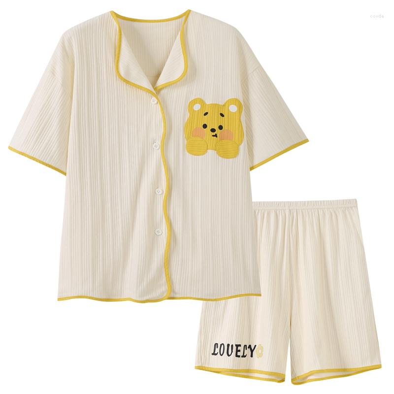 

Women's Sleepwear Gaodinglan Cartoon Bear Print Sweet Short Sleeve Women Pajamas Set Pure Cotton 2piece Shorts Pyjamas Suit Female Thin, K7103