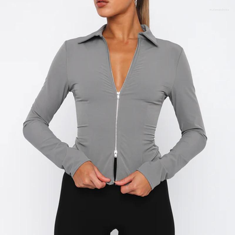 

Women's T Shirts 2023 Women Sexy Long Sleeve Top Turn Down Collar Tshirt Bodycon Zip Up Slim Fit Shirt Tee Chic Y2k Streetwear, Gray