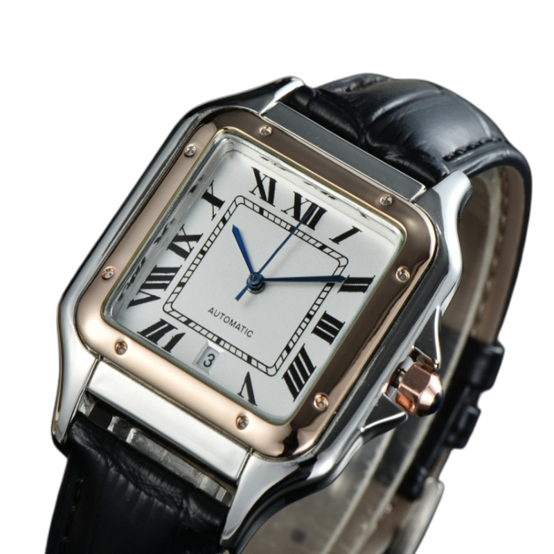 

Mens Watch Square Stainless Steel Dial Leather Strap Quartz Movement Sapphire Water Resistant Watches