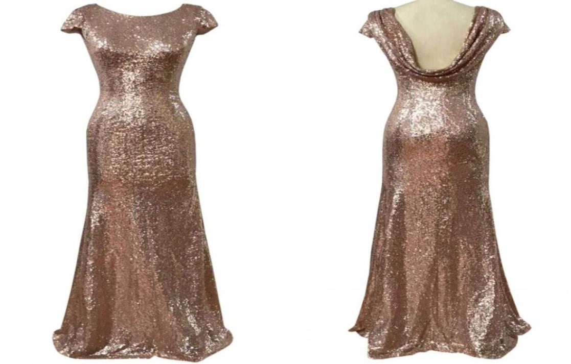 

Sequined Real Images Mermaid Bridesmaid Dresses Backless Short Sleeves Floor Length Wedding Party Dress Pleats Maid of Honor Party7477218, Brown