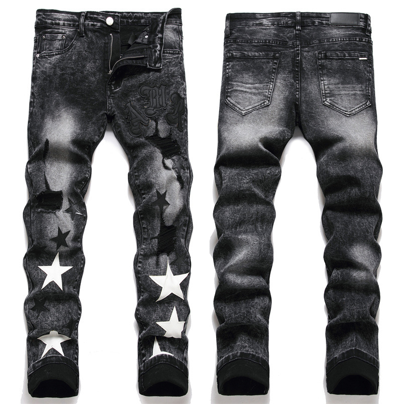 

Black Damage Man Denim Jeans With Patch Stretch Cotton, 3391