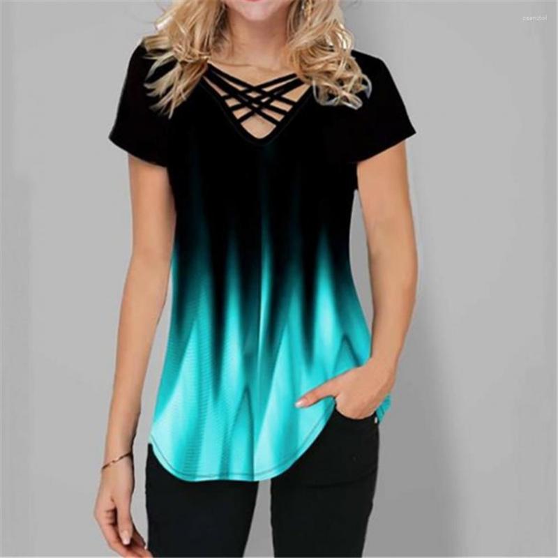 

Women' T Shirts Summer Women T-shirt Cross Straps Gradient Color Short Sleeves V Neck Loose Blouse For Office, Green
