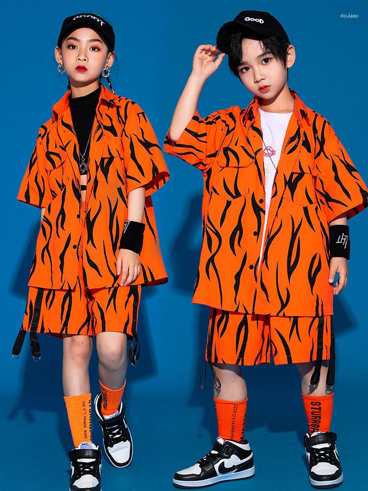 

Stage Wear Boys Street Dance Hip Hop Costume Orange Summer Jazz Performance Outfit Kids Shirt Shorts Girls Modern DNV17021, 2pcs