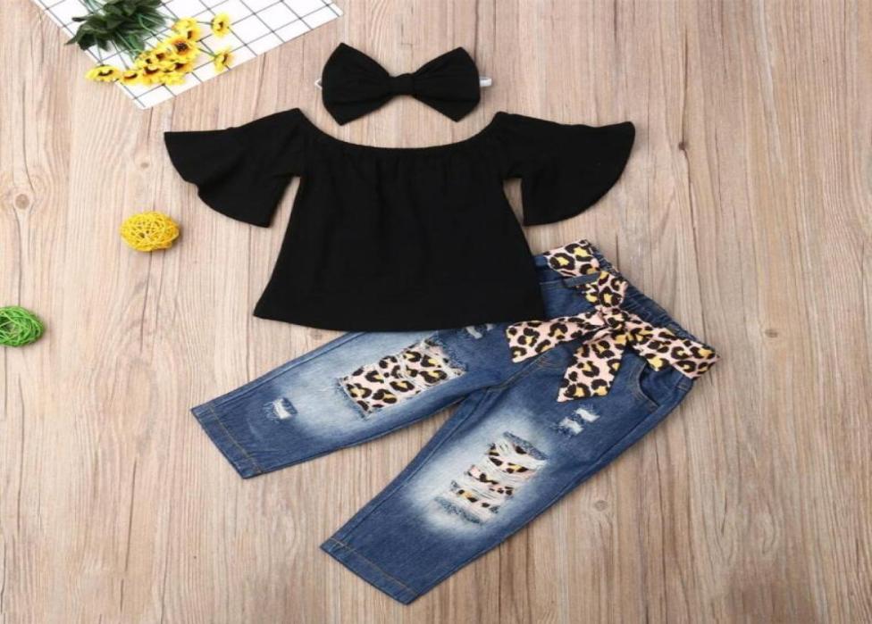 

3PCS Toddler Baby Girls Clothes Sets OffShoulder Tops TShirt Leopard jeans Pants Headband Summer Set1603967, Red