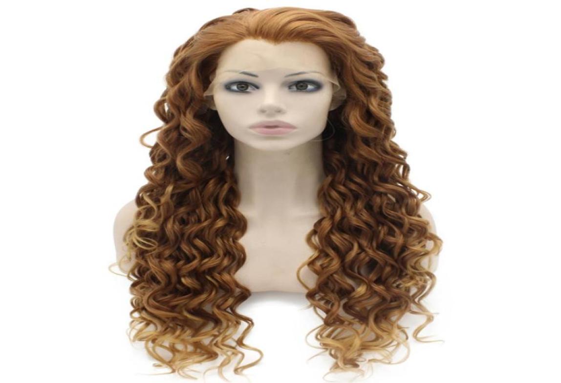 

26quot Extra Long Auburn Blonde Wig Heat Friendly Synthetic Hair Lace Front Curly Wig91554029933692, Ombre color