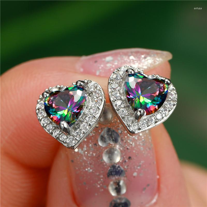 

Stud Earrings Rainbow Earrigns For Women Korean Love Heart Colorful Zircon White Gold Color Ear Rings Sweet Gift Jewerly Wholesale KCE252