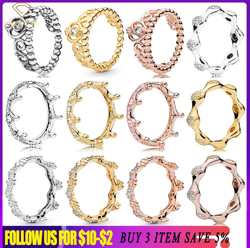 

925 Silver Women Fit Pandora Rings Original Heart Crown Fashion Ring Rose Gold Ring Clear Sparkling Princess Tiara Crown Crystal