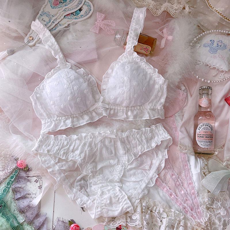 

Bras Sets French Retro Pure Desire Bra & Brief Cute Lolita Maiden Cotton White Lace Flower Thin Underwear Lovely Color Panties