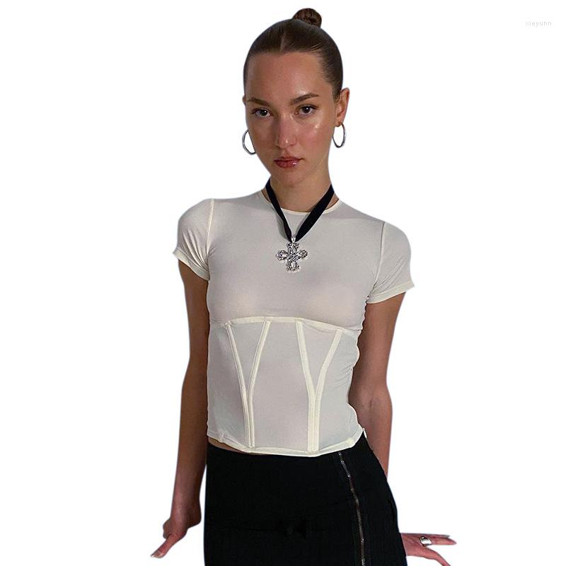 

Women's T Shirts European And American Style Women's Summer Solid Round Neck Short Sleeve Patchwork Exposed Navel Slim Fitting Top, White